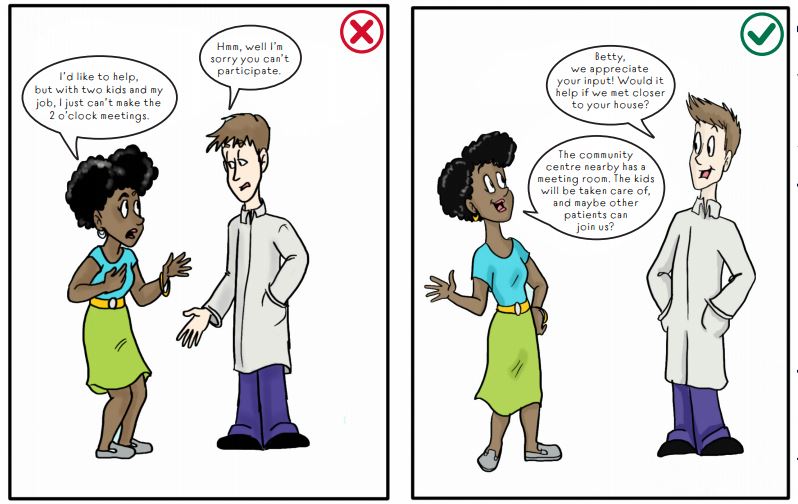 Comic strip panel, recommending that researchers should be accommodating of patients' schedules